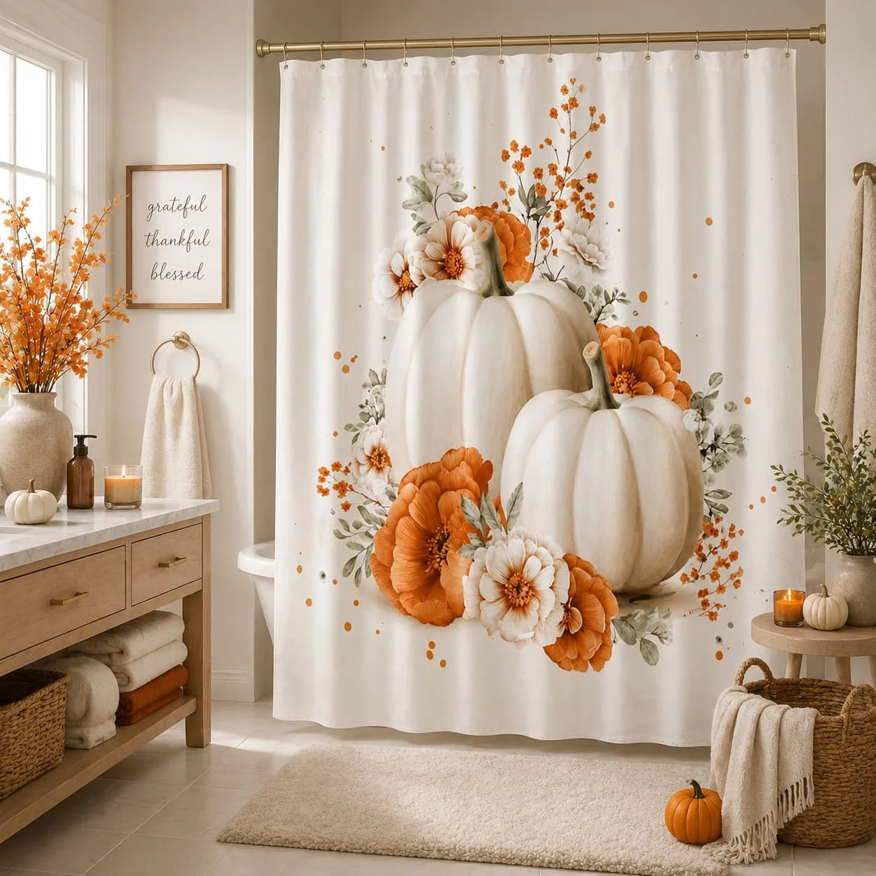 1pc Halloween Pumpkin Floral Shower Curtain, Quick-Dry, 71X71 Inch, Machine Washable with 12 Hooks, Rustic Farmhouse Autumn Spooky Bathroom Decor