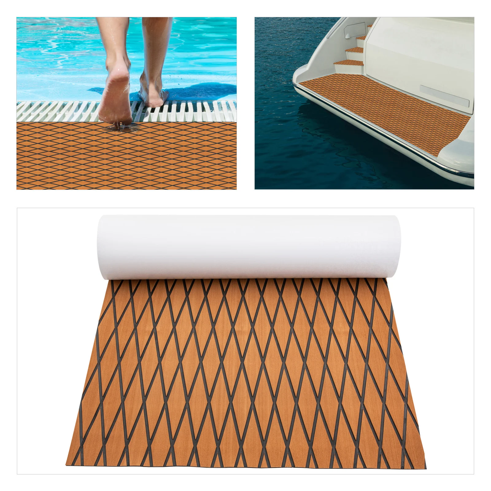 

94"x35" Boat Non-Slip EVA Foam Decking Faux Teak Marine Self-Adhesive Mat for Motorboat RV Yacht Swimming Pool