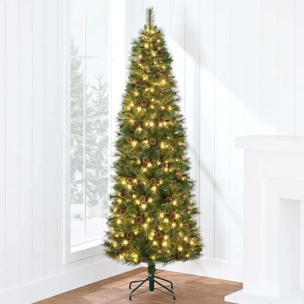 Pre-Lit Scotch Pine Pencil Christmas Tree, 7.5ft Pre-Decorated Holiday Decor w/White and Multicolor LED Lights