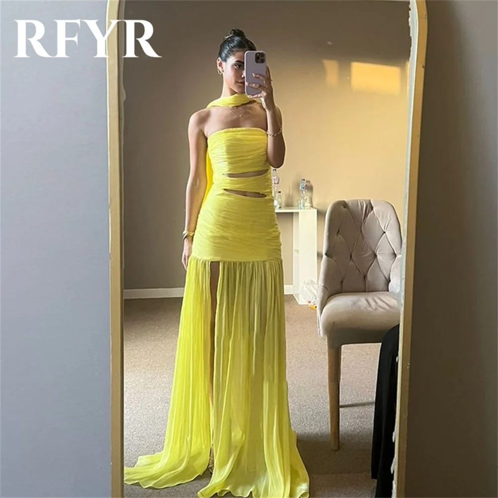 

RFYR Dubai Yellow Elegant Evening Dress with Scarf Beach Arabic Israel Prom Dress Sleeveless Formal Women Party Gown Customized