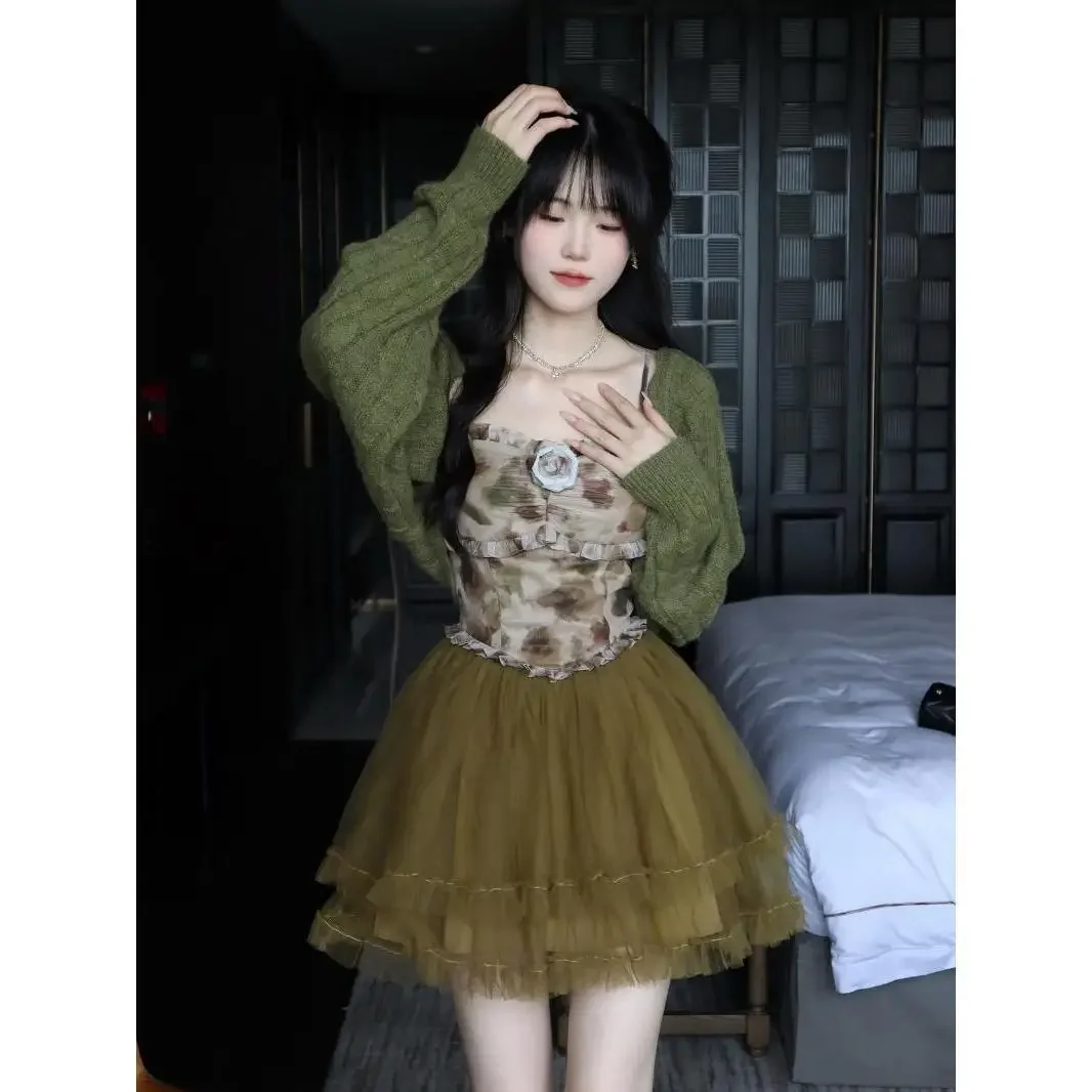 

Осенний элегантный тонкий комплект из двух предметов феи, женское платье с принтом торта + вязаный кардиган, женский модный винтажный однотонный милый костюм, новый