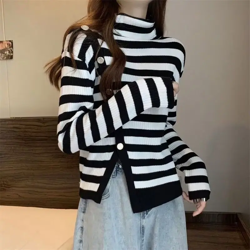 

High Collar Striped Knitted Sweater Women Autumn Winter Sweet Niche Irregular Slit Slimming Bottoming Shirt Top