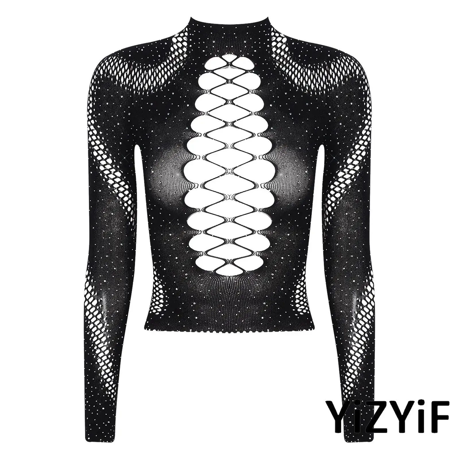 

Chic Hollow Out Long Sleeve Cover Up Top for Women Fishnet See Through Stretchy Blouse Top for Nightclub Party Pole Dance