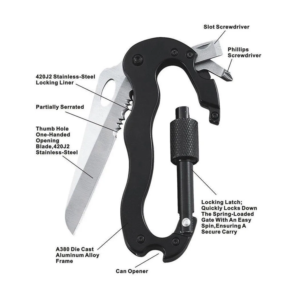 5 w 1 Multitool karabinek nóż składany Survival D kształt brelok klamra blokada ze stali nierdzewnej Liner zatrzask powiesić klucz narzędzie EDC