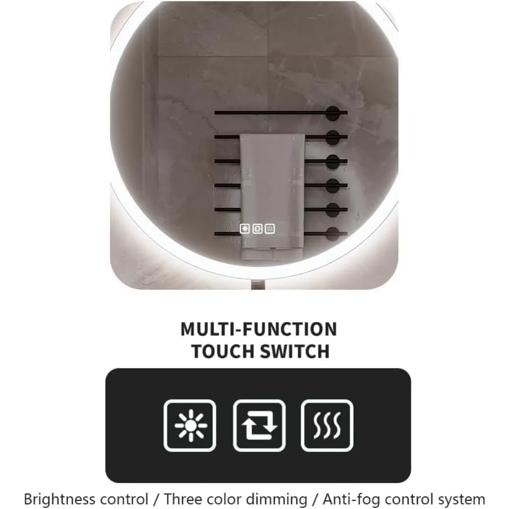Round 28-inch LED Smart Bathroom Mirror with Circle Lights, Anti-Fog, 3 Colors Dimmable, Front and Backlit, CRI90+
