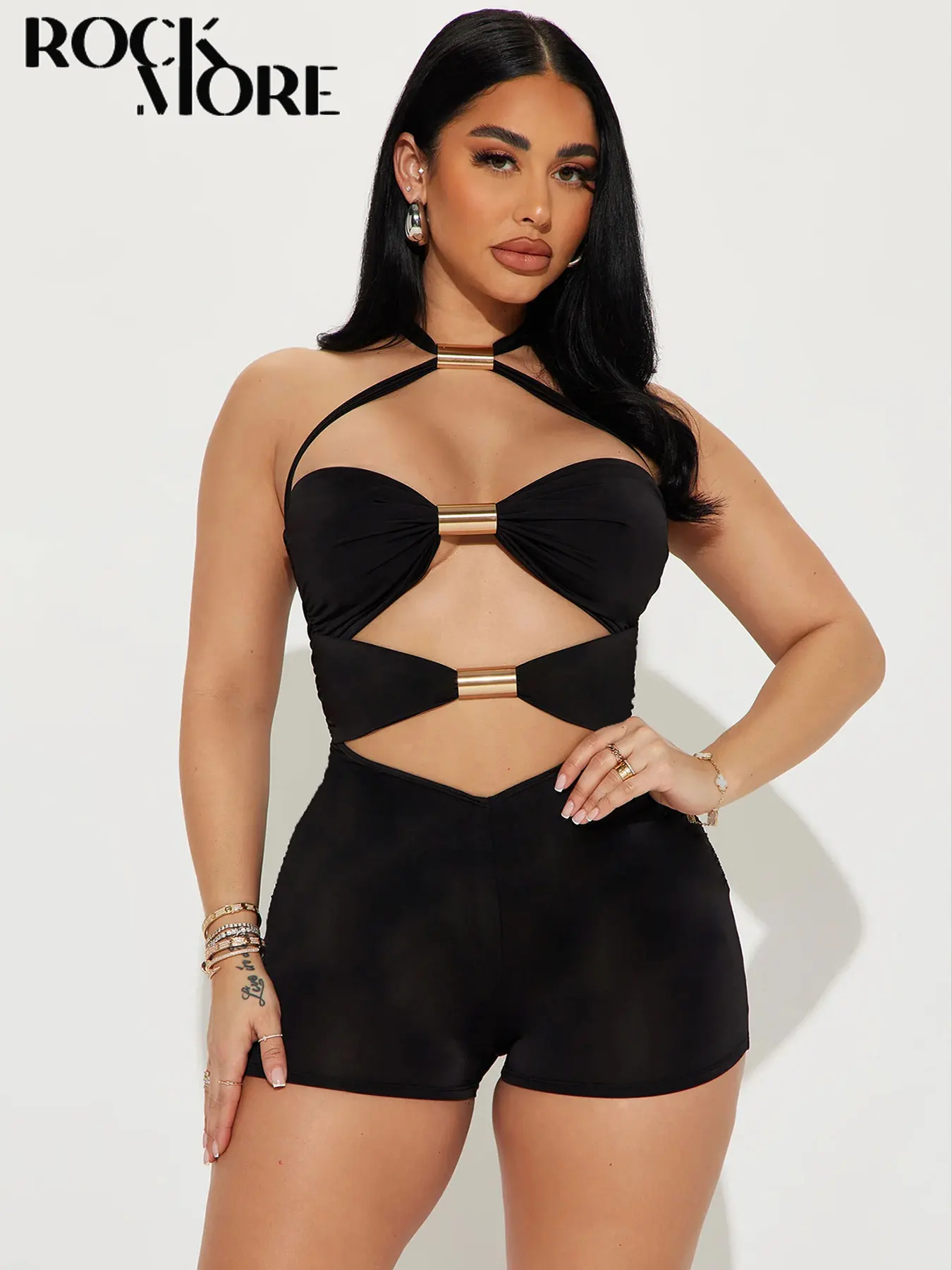 Rockmore Hollow Out Metal Ring Sexy Vacation Jumpsuit Streetwear Playsuit Mujer One Piece Bodysuit Women Fashion Romper Y2K