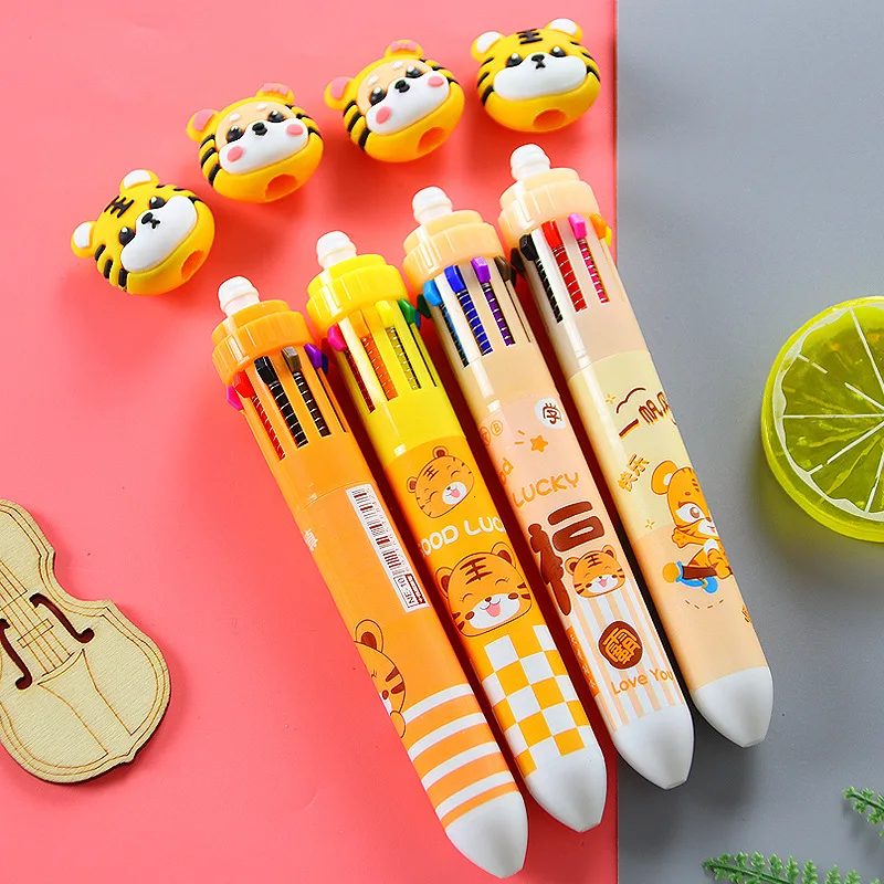 4pcs/pack Little Tiger 10 Color Ballpoint Pen, Colorful Creative Student Stationery Multi-color Hand Account Pen