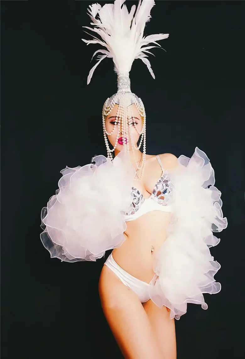 Sexy Nightclub DJ Singer Performance Costume White Crystals Bikini Feathers Beading Headgear Club Party Stage Dance Outfit