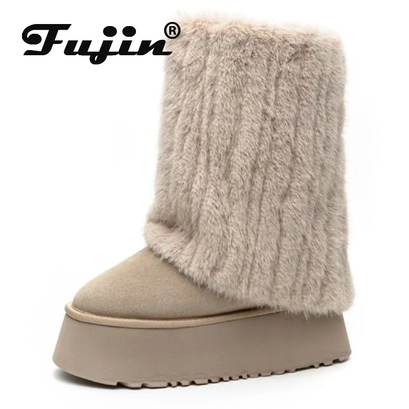 Fujin 11cm Synthetic Leather Flat Autumn Women Ankle Booties Heel Boot Ethnic ZIP Platform Fashion Winter Motorcycle Plush Shoes