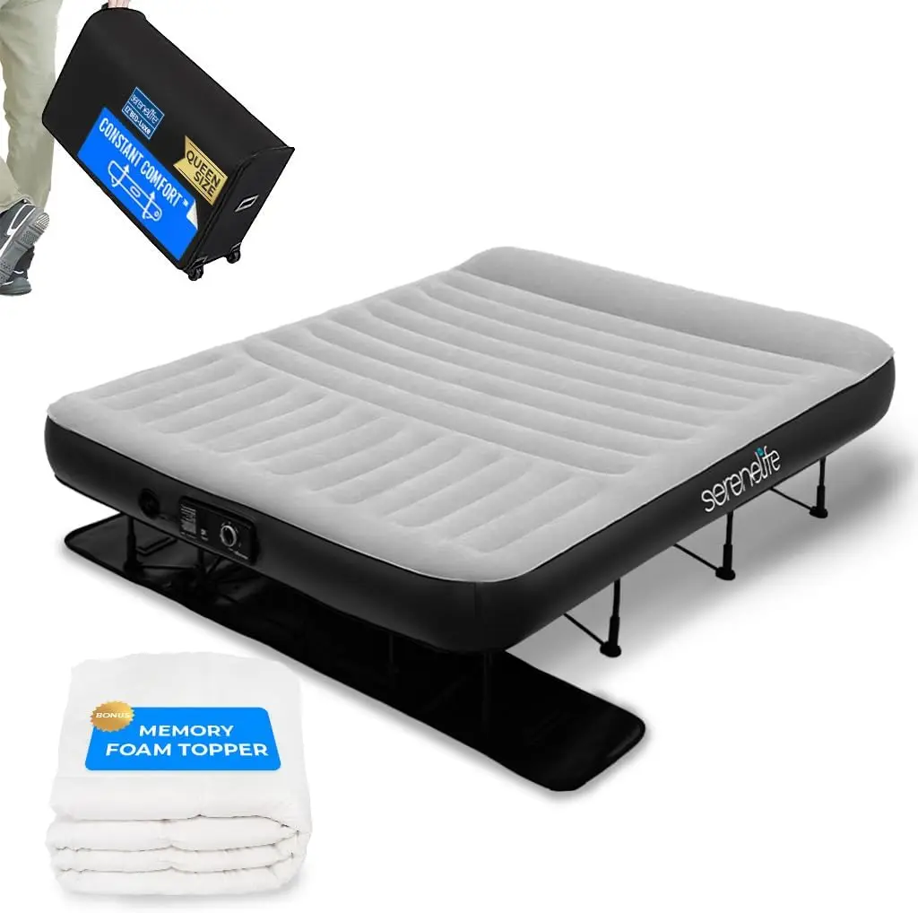 Inflatable Air Bed with Frame - Auto Inflating Air Mattress with Built-in Pump, Memory Foam Cover, Self-Deploying