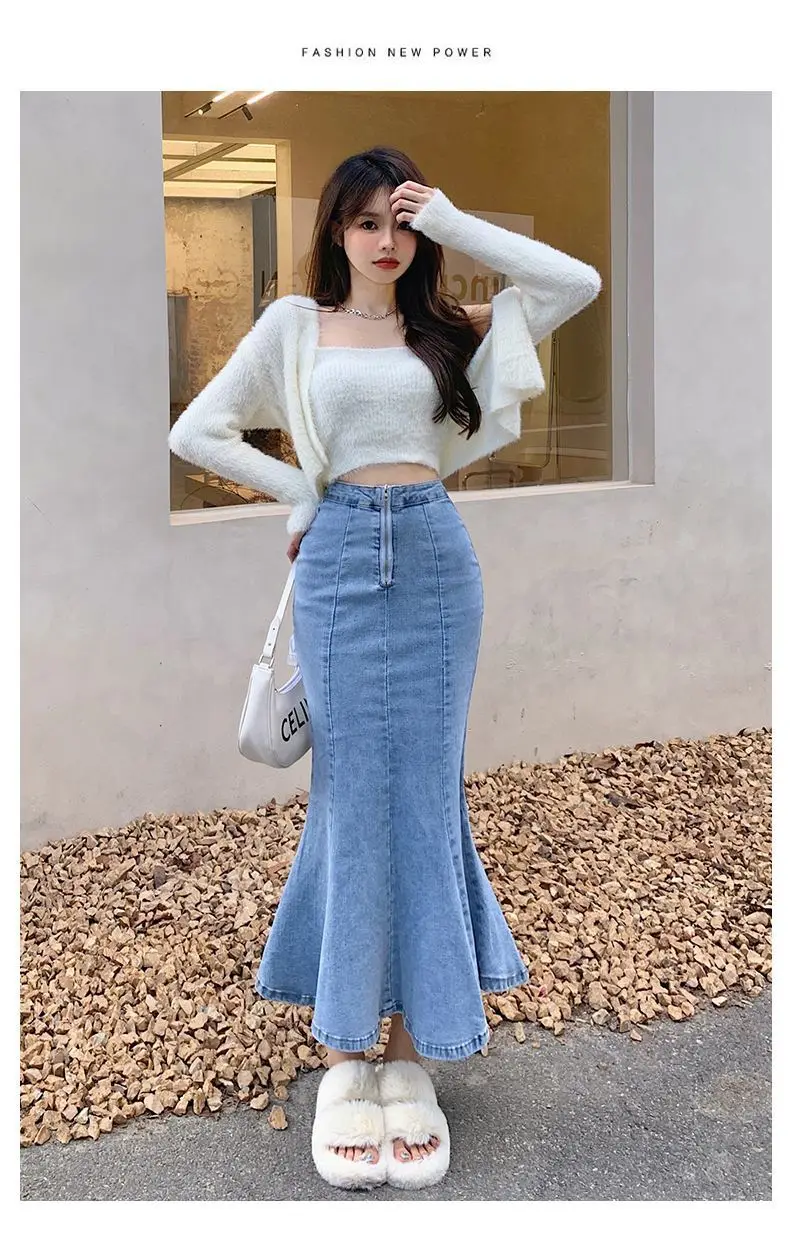 2026 Solid Slimming High Waist Midi A- Line Skirt Woman Trumpet Sides for Women Denim Half-length Skirt with Flounce