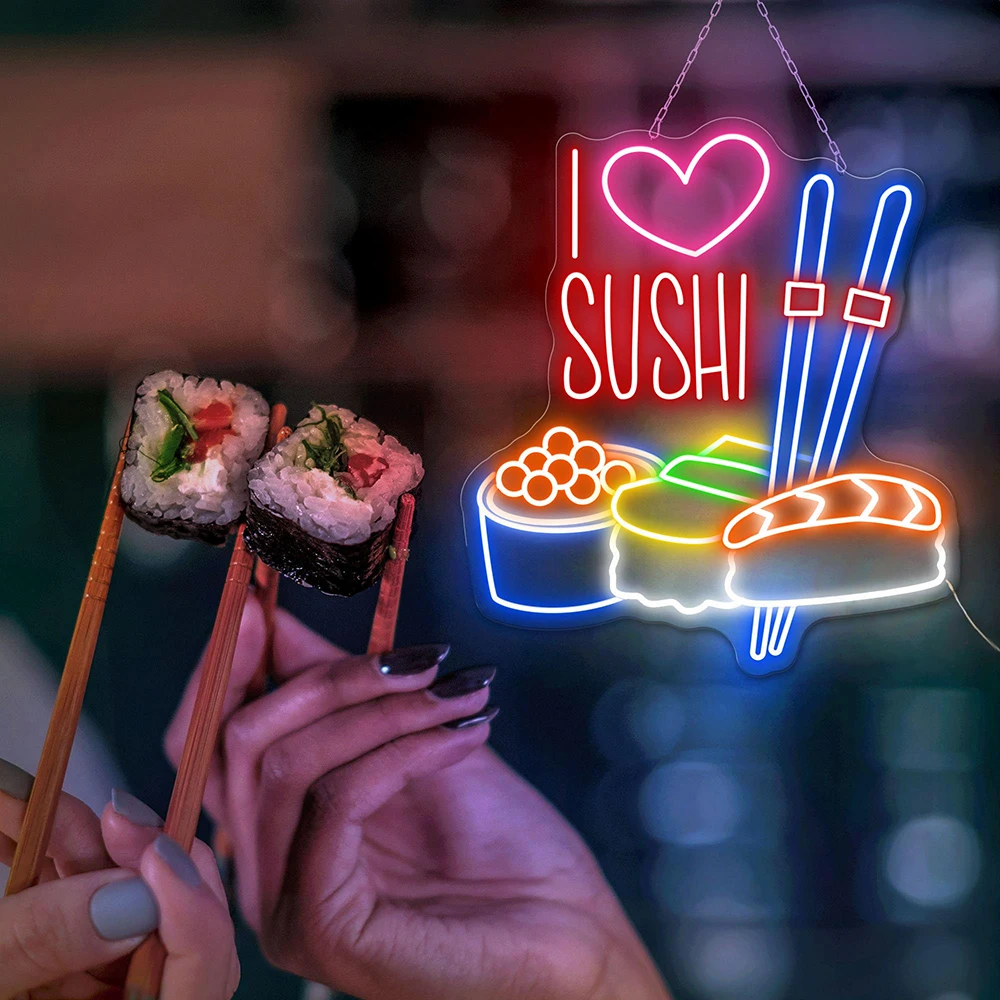

I Love Sushi Neon Sign Custom Japanese Restaurant Sushi Roll Set Dimmable Neon Light Kitchen Wall Decor Art Food Shop Decoration