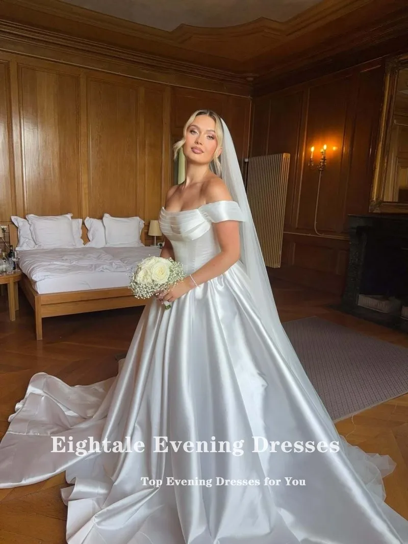 Eightale アラビアウェディングドレス プリーツ スクープオフショルダー カスタマイズされたホワイト アイボリー イスラム教徒のブライダルドレス Aライン 花嫁パーティードレス