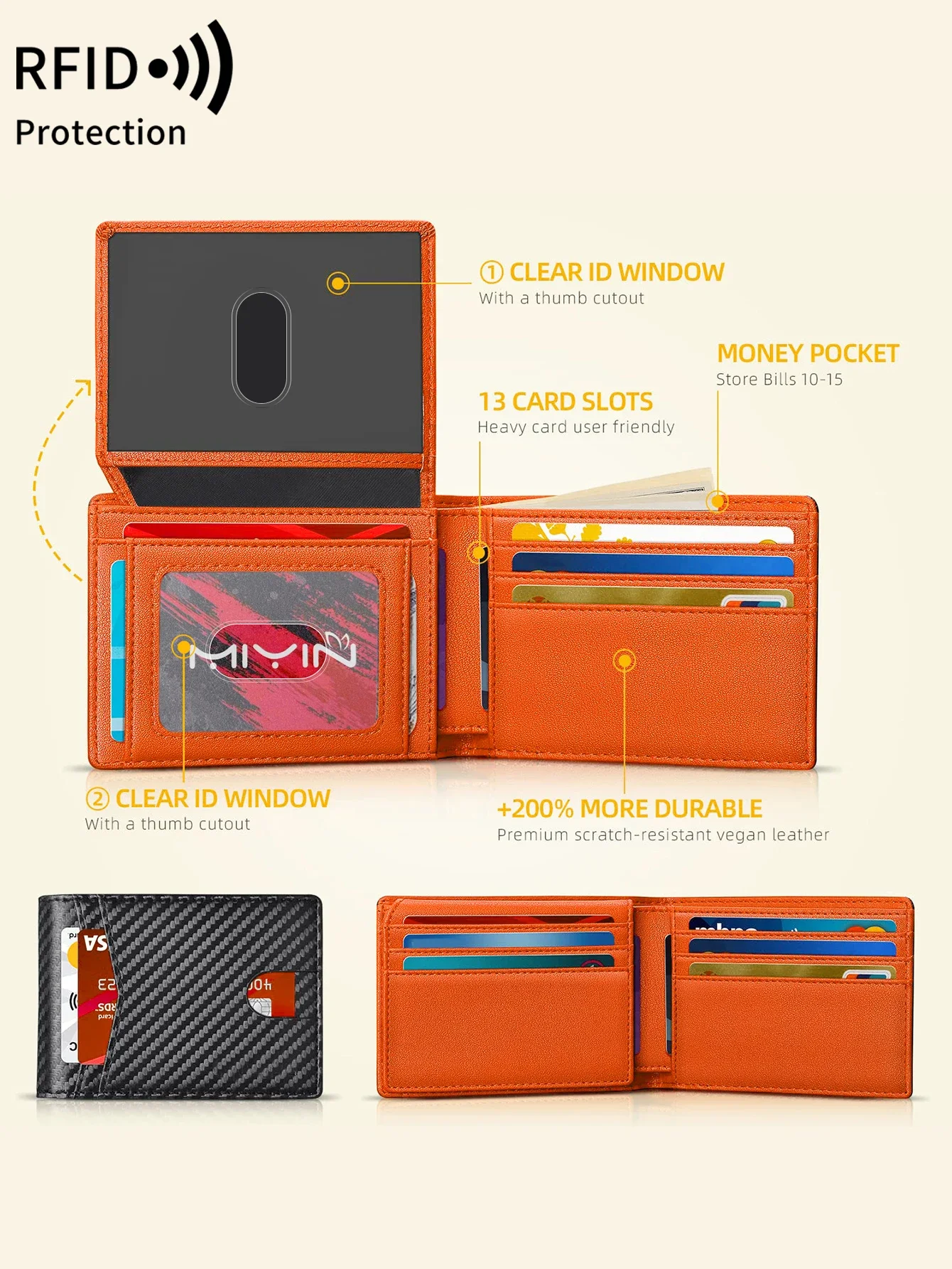 Porta carte di credito con motivo in fibra di carbonio con portafoglio triplo ultra sottile con blocco RFID con 2 slot per schede multiple per Windows ID