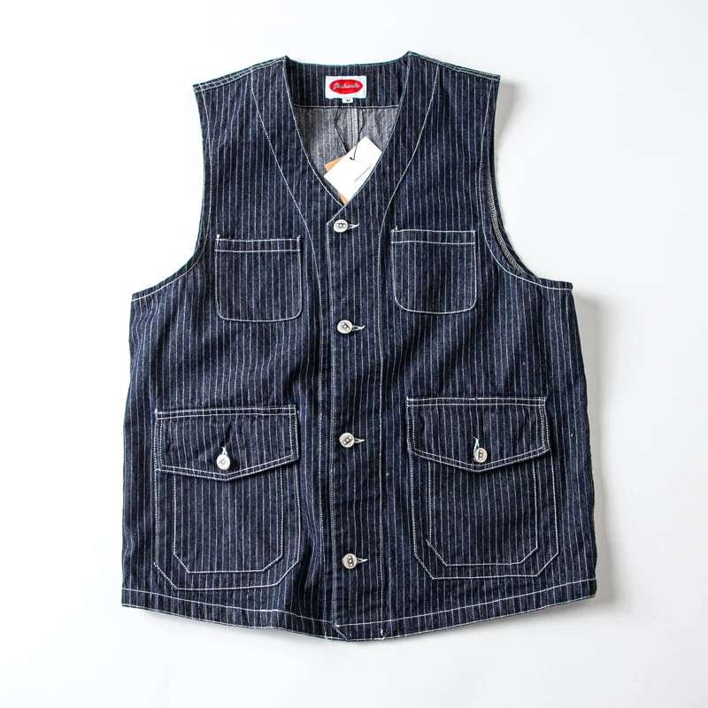 Buckle Back Retro Denim Vest Men's Multi Pockets Workwear Sleeveless Jacket Y2k Youth Male Striped Blue Camisole Top Vintage