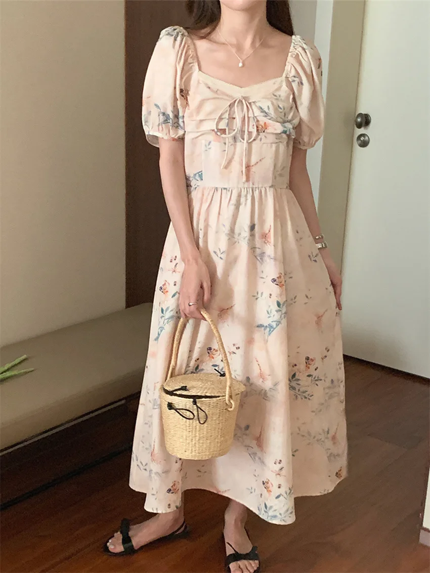 Alien Kitty Gentle OL Princess Dress Women Slim Floral Fashion Summer vita alta colletto quadrato dolce elegante manica a sbuffo OL