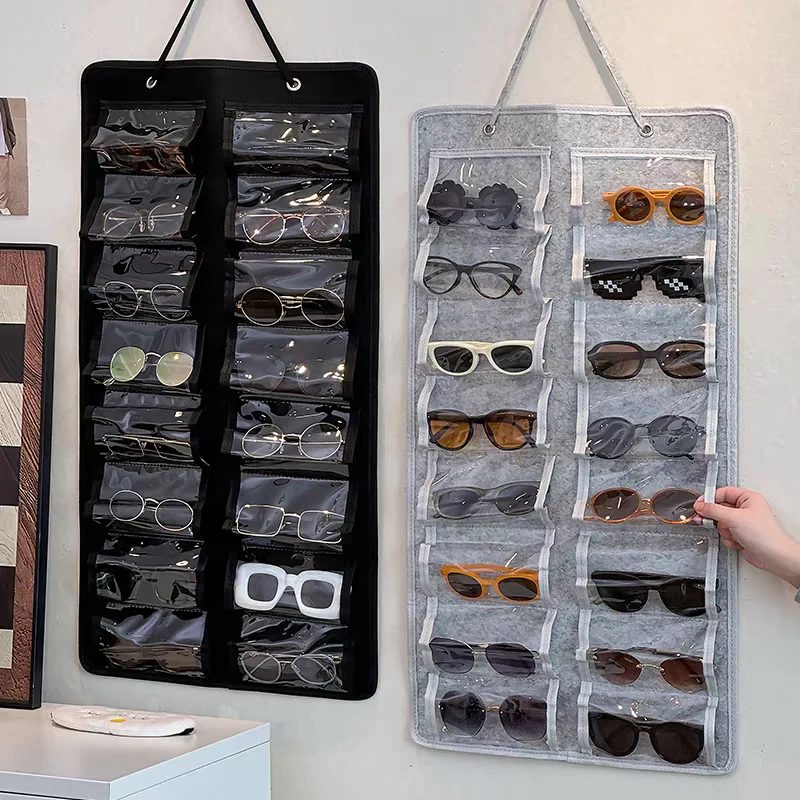 16-Compartment Felt Eyewear Stand, Suitable for Sunglasses, Display Rack, Hanging Pouch, Wall-Mounted Storage Pocket Organizer