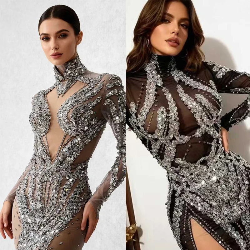 Mulheres cantor jazz dança traje lantejoulas festa noite outfit bar boate pólo dança roupas palco festival vestido xs10540