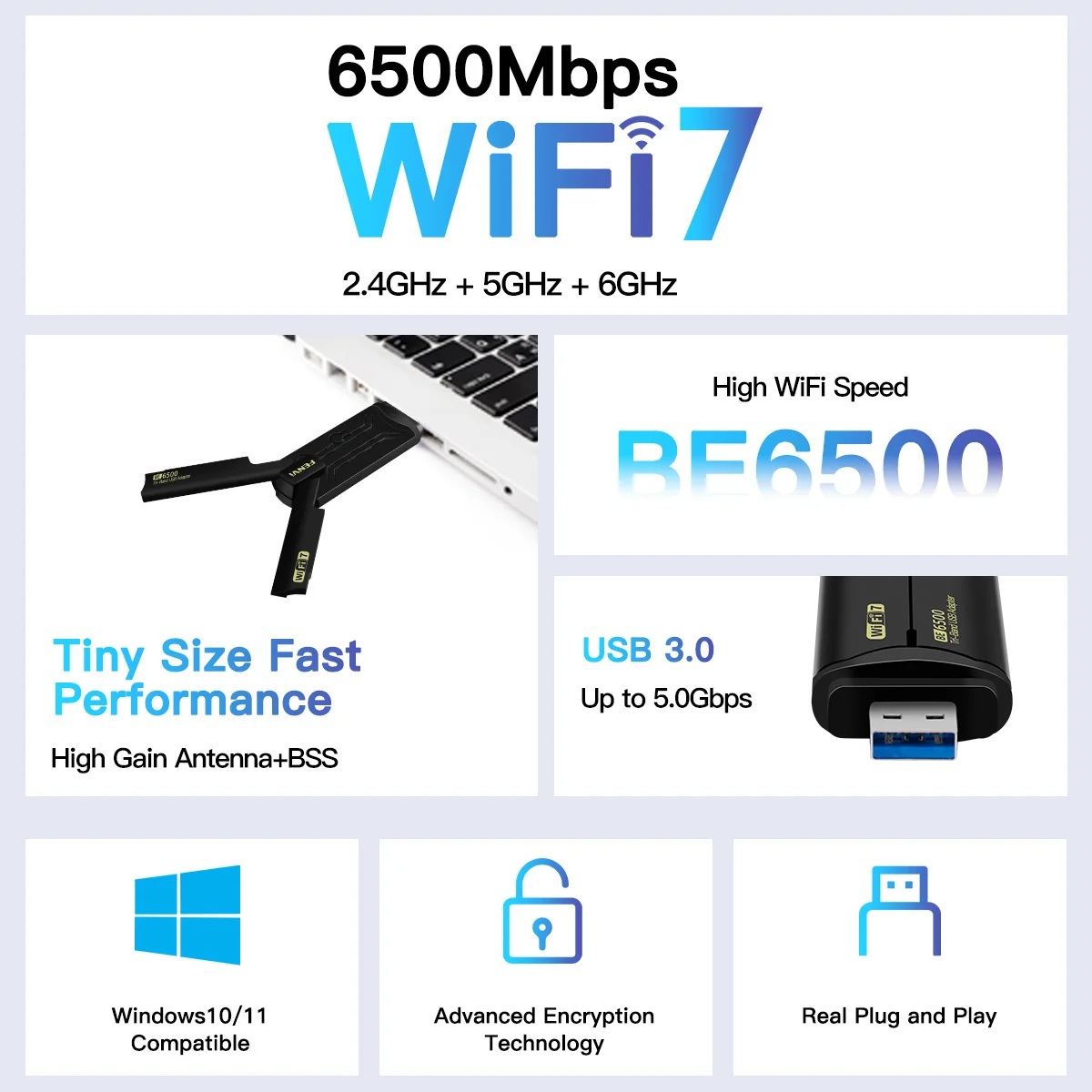 WiFi 7 Ethernet Adapter 6500Mbps USB 3.0 Wireless Network Card Triple Band Receiver For PC/Laptop Windows 10/11 Driver Free