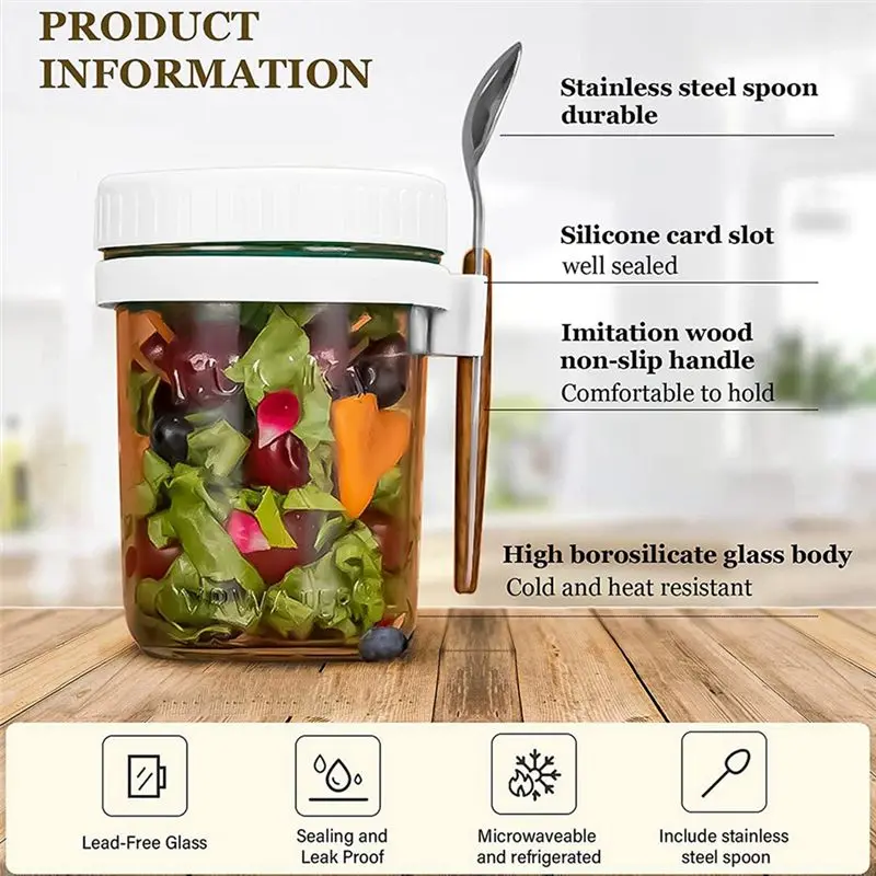AS63-2Pcs Breakfast Cup Container Airtight Oatmeal Jar With Cover And Spoon Portable Oatmeal Cup For Salads Cereal High Guality
