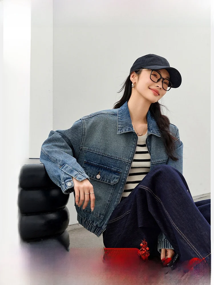 

Retro Waed Denim Jaet Women's ort Loose Slimming Top Cotton Polyester Blend Long Sve Button Closure Pure Color