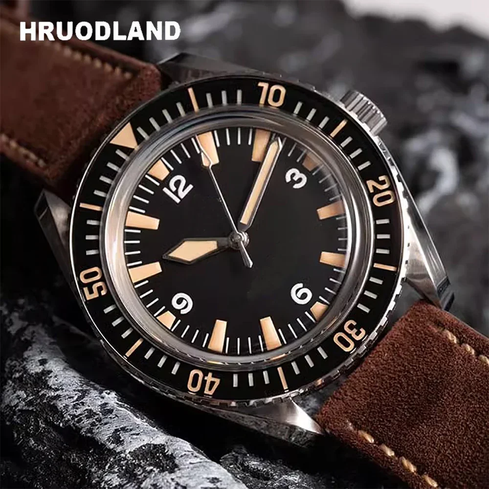 Hruodland Retro Sports Men's Watch NH35 Automatic Mechanical Stainless Steel Brown Leather waterproof Wristwatch reloj hombre