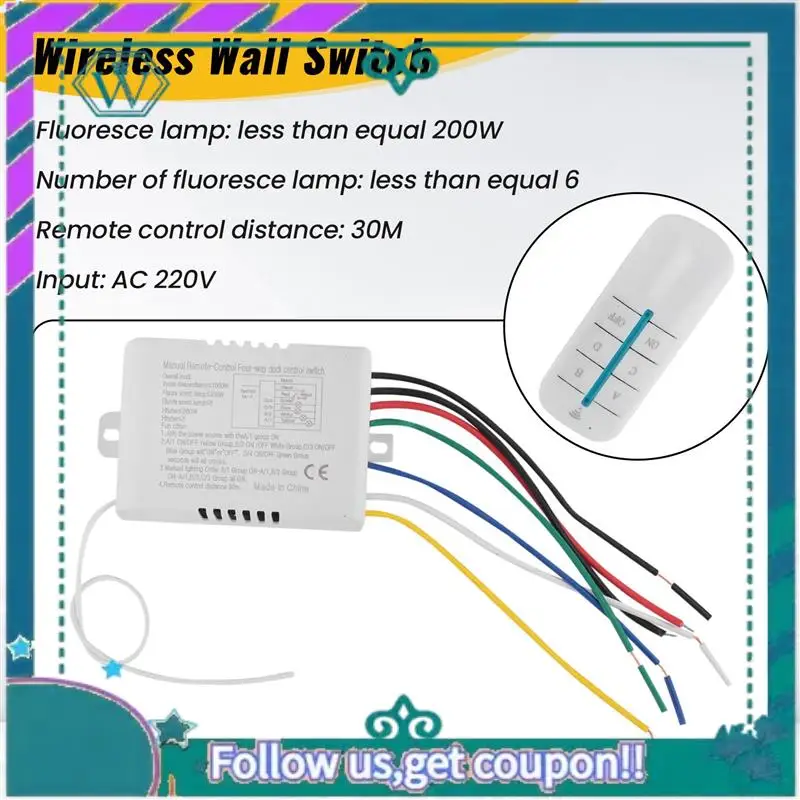 Upgraded 6X 4 Way Light Lamp Digital Wireless Remote Control Switch ON/OFF 220V