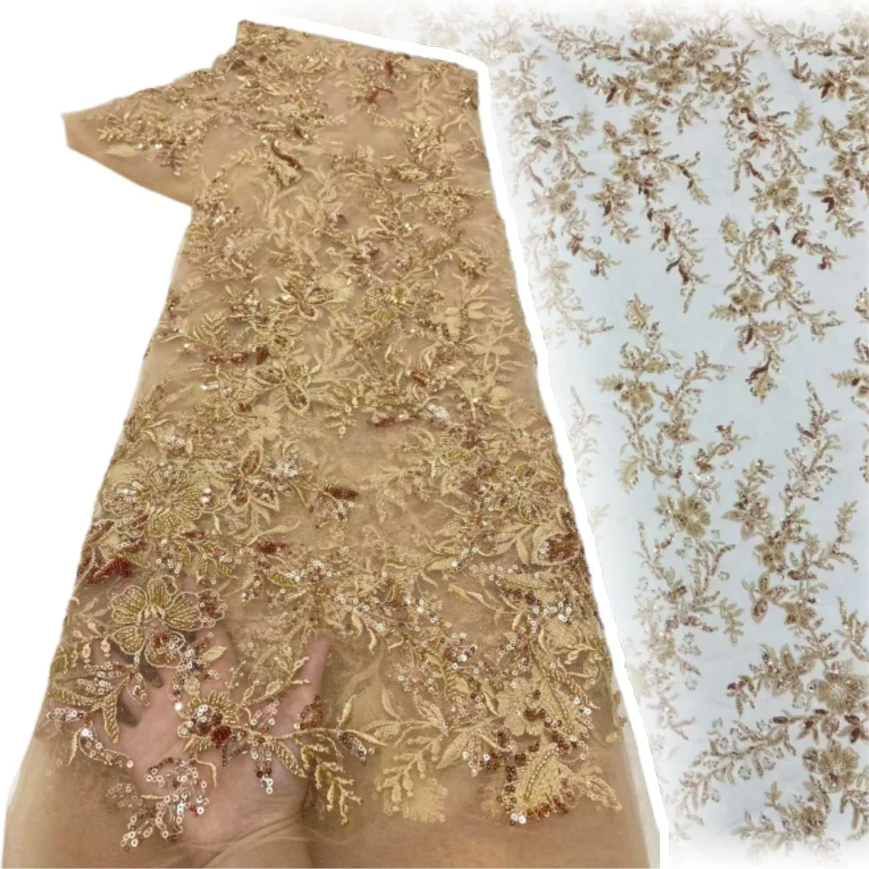 

Newest African Groom Beaded Lace Fabric 2026 High Quality French Nigerian Sequin Lace Fabric Bridal Wedding Dress Sewing 2361