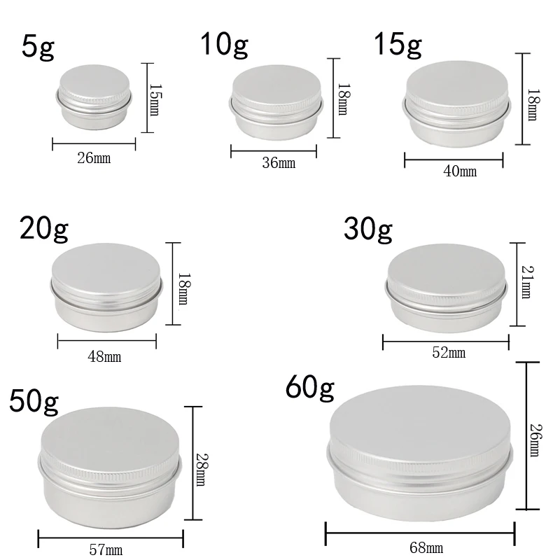 Latas de aluminio plateadas vacías, 50 piezas, 5g-60g, cierre de rosca, latas redondas de Metal para cosméticos, lápiz labial, velas de especias