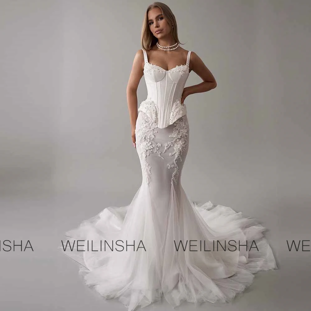 Dreamy Mermaid Wedding Dresses Tulle Mermaid/Trumpet Wedding Party Dresses White Square Neck Beads Ruched Applique Wedding Dress