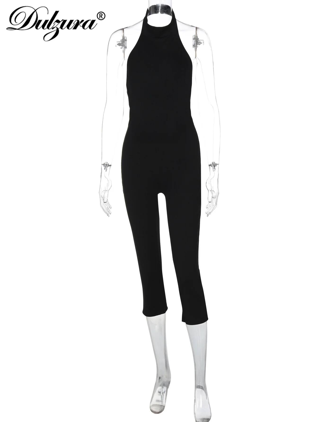 Dulzura สตรี Halter Backless Ribbed Single Breasted Jumpsuit เซ็กซี่ Casual Romper Party Club Street เสื้อผ้า