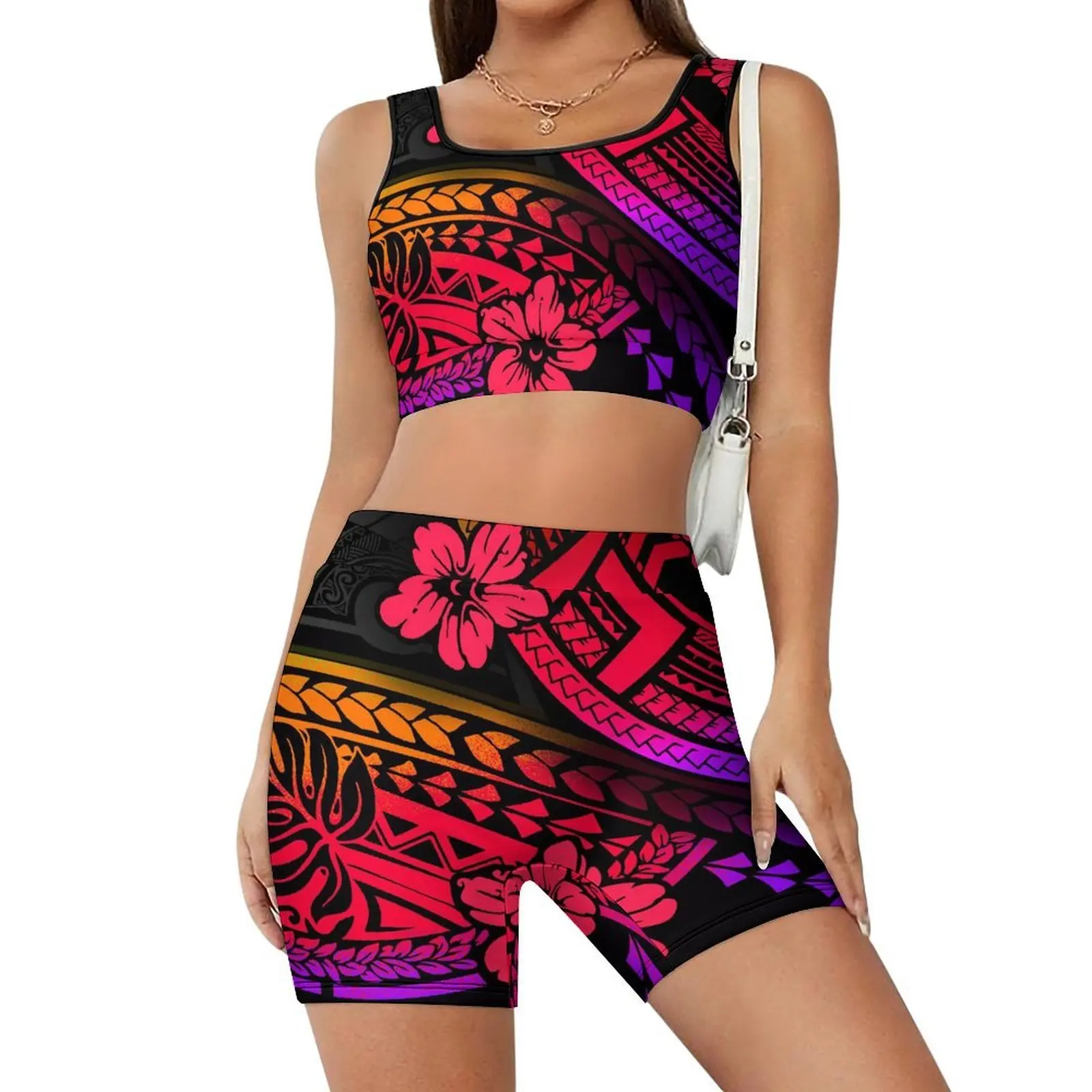 

Polynesian Printed Women'S Yoga Wear Set Slimming Yoga Wear Yoga Vest And Shorts Set Customizable Patterns