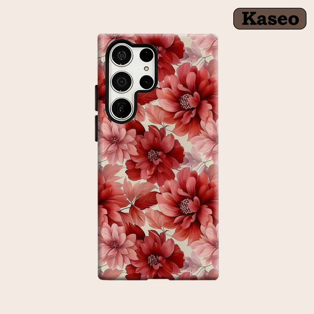 Kaseo Phone Case for Samsung Galaxy S26 S25 Ultra S24 S23 Ultra Plus Shockproof Double Layer Vintage Red Floral Cover