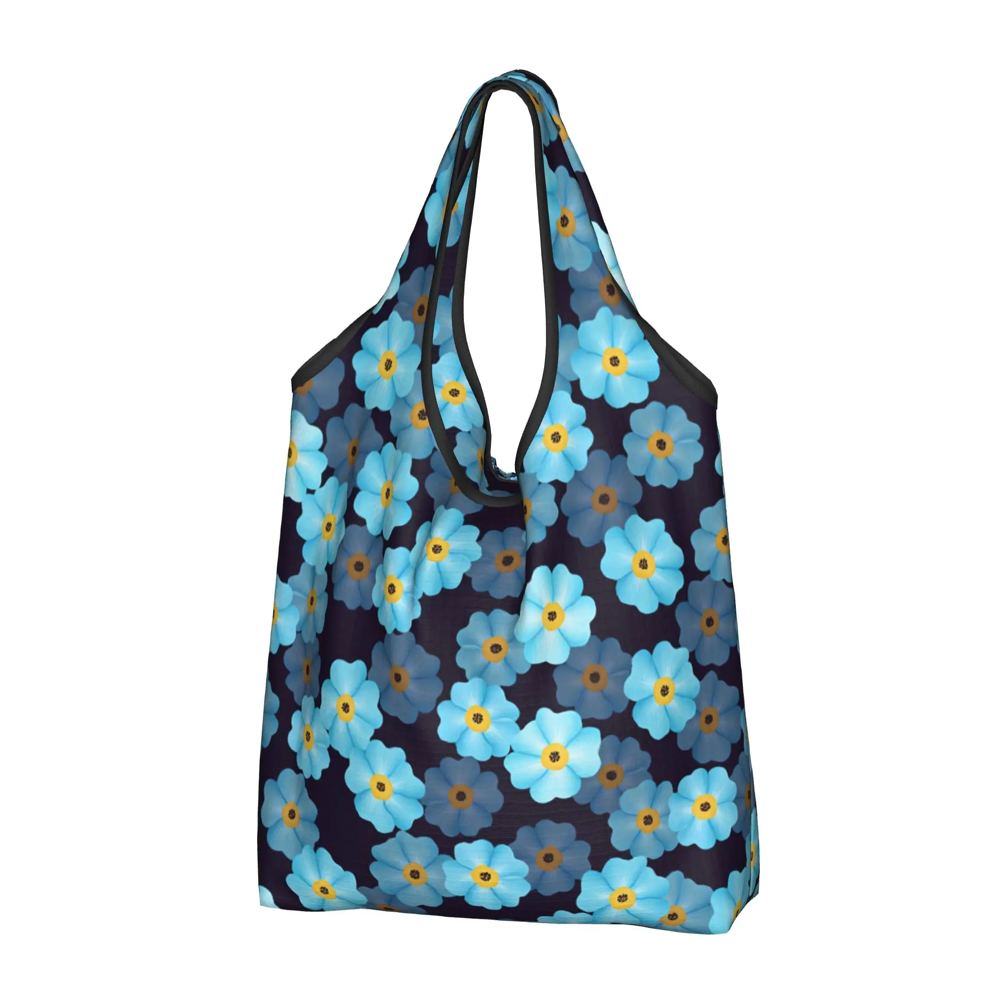 Blue Forget Me Not Flowers  Groceries Shopping Bag Cute Shopper Tote Shoulder Bags  Portable Seamless Floral Pattern Handbag