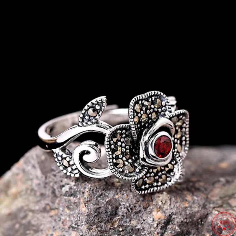 

Genuine S925 Sterling Silver Charms Rings for Women New Fashion Hollow Rose Inlaid Garnet Marcasite Punk Jewelry Free Shipping