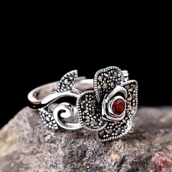 Genuine S925 Sterling Silver Charms Rings for Women New Fashion Hollow Rose Inlaid Garnet Marcasite Punk Jewelry Wholesale