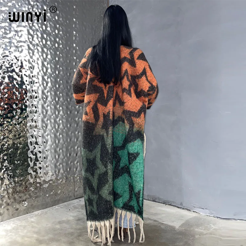 WINYI winter coat for women gradient print tassels Luxury Fur Loose OverCoat Thick Warm long down coat Europe cardigan jacket