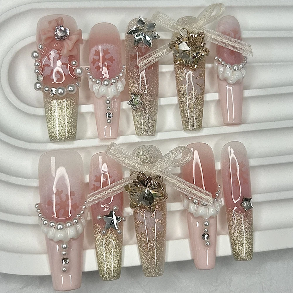 Süße rosa Schleife Rouge Französisch handgemachte Press On Nails Weihnachten Schneeflocke Diamanten Glitzer Katzenauge lange künstliche Nägel Kawaii Nail Art
