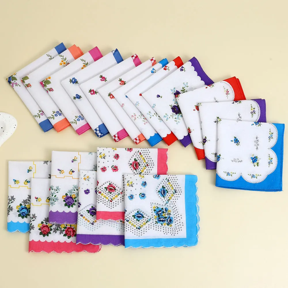 12 Pak saputangan katun murni wanita, sapu tangan katun murni, suvenir pernikahan pengantin dan ibu, handuk keringat untuk segala musim, bentuk bunga acak