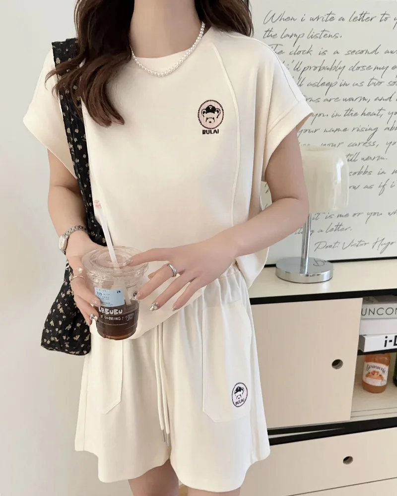 Loose Leisure Sports Suit Female Student 2024 Summer Thin Round Neck Short Sleeve T-shirt Women's Shorts Two Pieces Sets