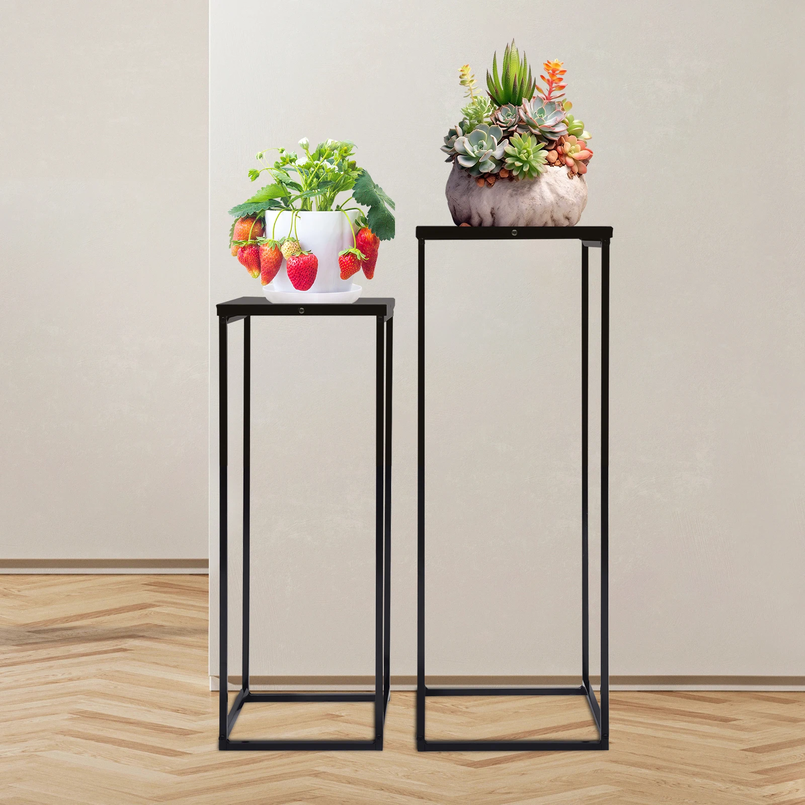 2PCS Metal Plant Shelves, Square Plant Stand, Black Plant Holder 60cm& 70cm, Modern Corner Flower Plant Display Pedestal