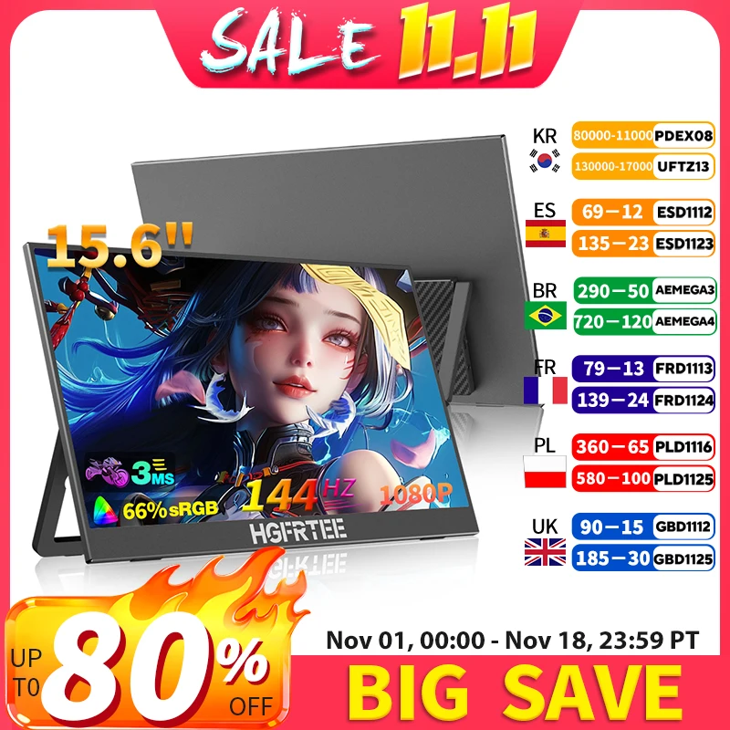 HGFRTEE 15.6 inch 144Hz Gaming Monitor - Ultra-High Refresh Rate for Smooth Visual Experience In Switch Laptop Xbox PS4/5