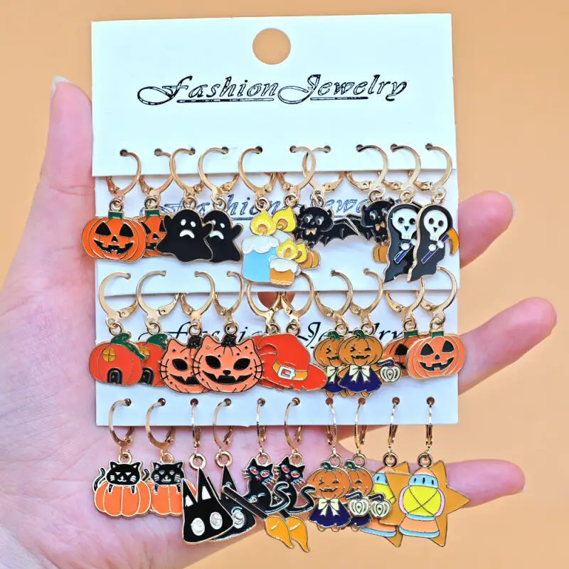 15 Pairs Halloween Earrings, Pumpkin Ghost Bat Skull Cat Witch Party Costume Pendant Ornaments, Fashionable Festival Earrings
