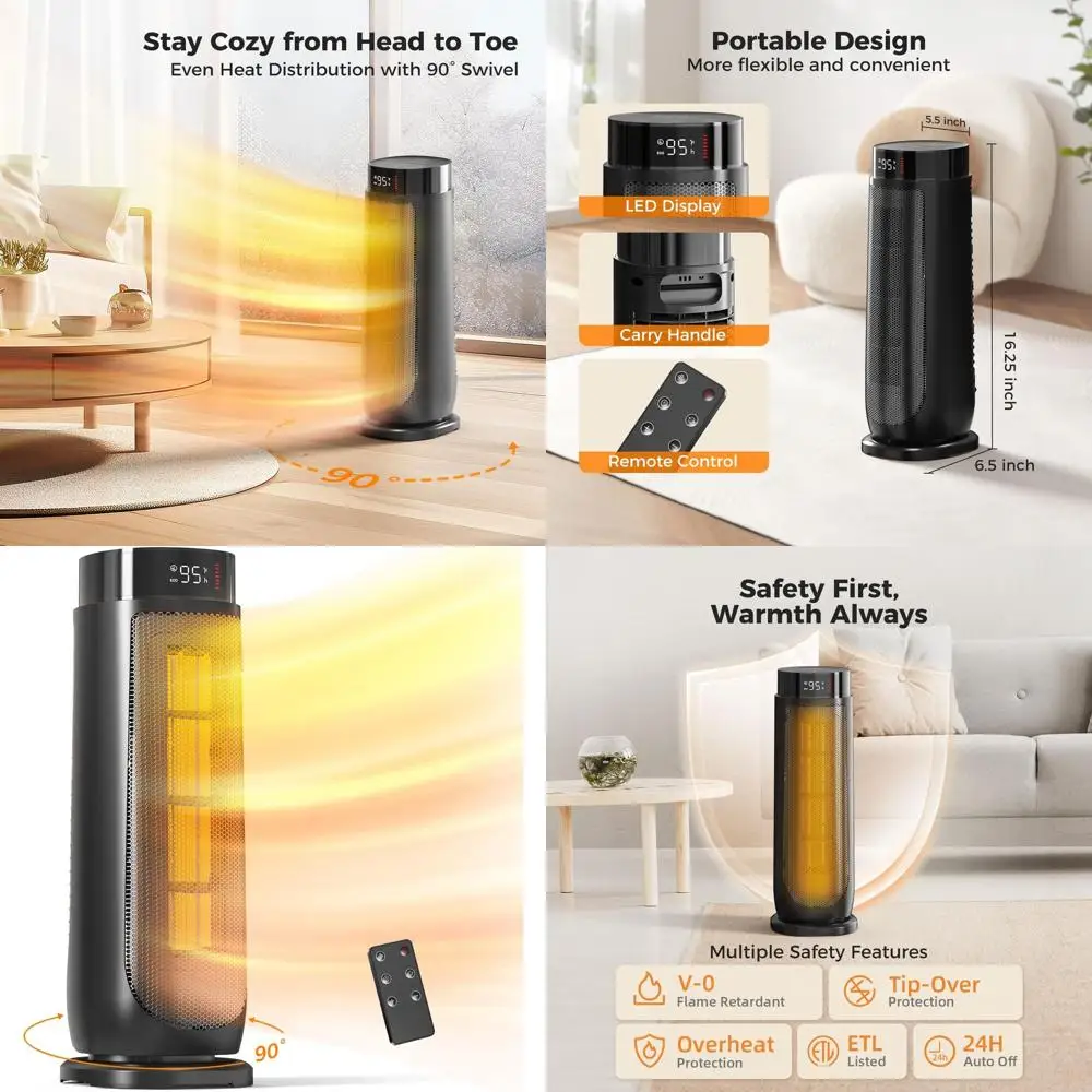 

Портативный внутренний керамический обогреватель мощностью 1500 Вт с термостатом, 24-часовым таймером, 90 ° Осцилляция, тихая работа и пульт дистанционного управления для Хо