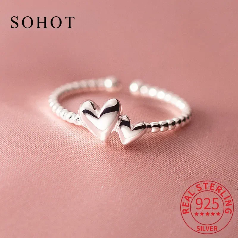 INS Real 925 Sterling Silver Heart Adjustable Ring For Fashion Women Classic Fine Jewelry Minimalist Accessories