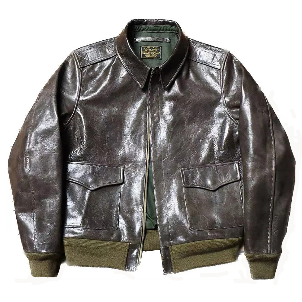 

US Style A2 Bomber Coat Goatskin Men Overcoat Goat Leather Motorcycle Jackets Flying Suit Sheepskin Topcoats 5XL Green Vintage