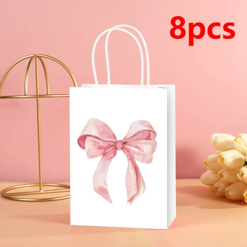 

8pcs Pink Bow Print Pattern Gift Bags Foldable Craft Paper Bags for Birthday Holidays Valentine's Day Packaging Shopping Storage