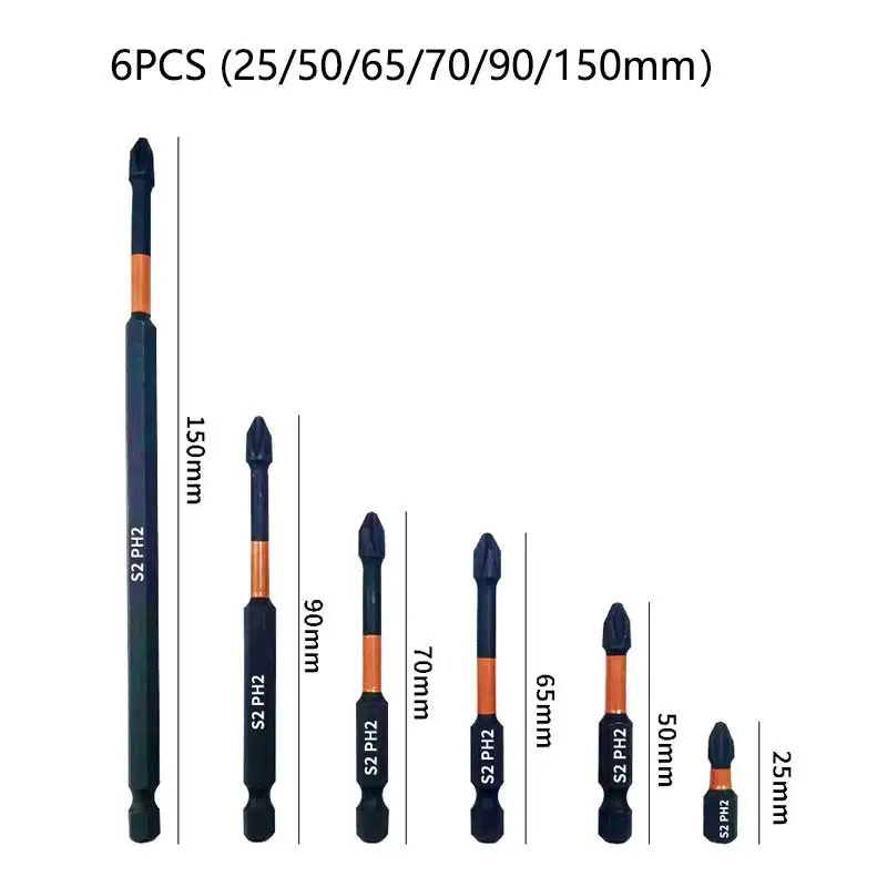 

6Pcs Magnetic Anti-shock Batch Head High Hardness Non-Slip Impact Bits Cross Screwdriver 25/50/65/70/90/150mm Screwdriver Set#Co