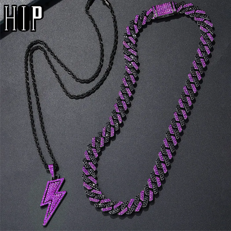 4MM Purple Cuban Chain Dropwater Shape Iced Out Lightning Pendants Colorful Bling Rapper Necklaces For Men Women Jewelry