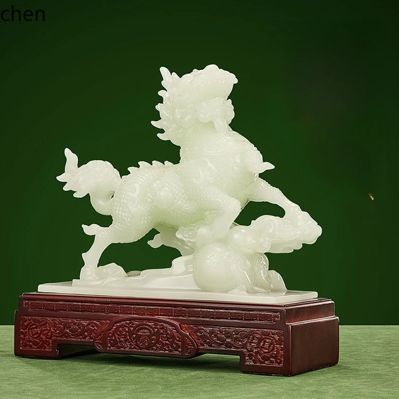 CZ Jade Kirin Figurines - A Pair of Kirin for Home Entryway Decoration, Housewarming Gift